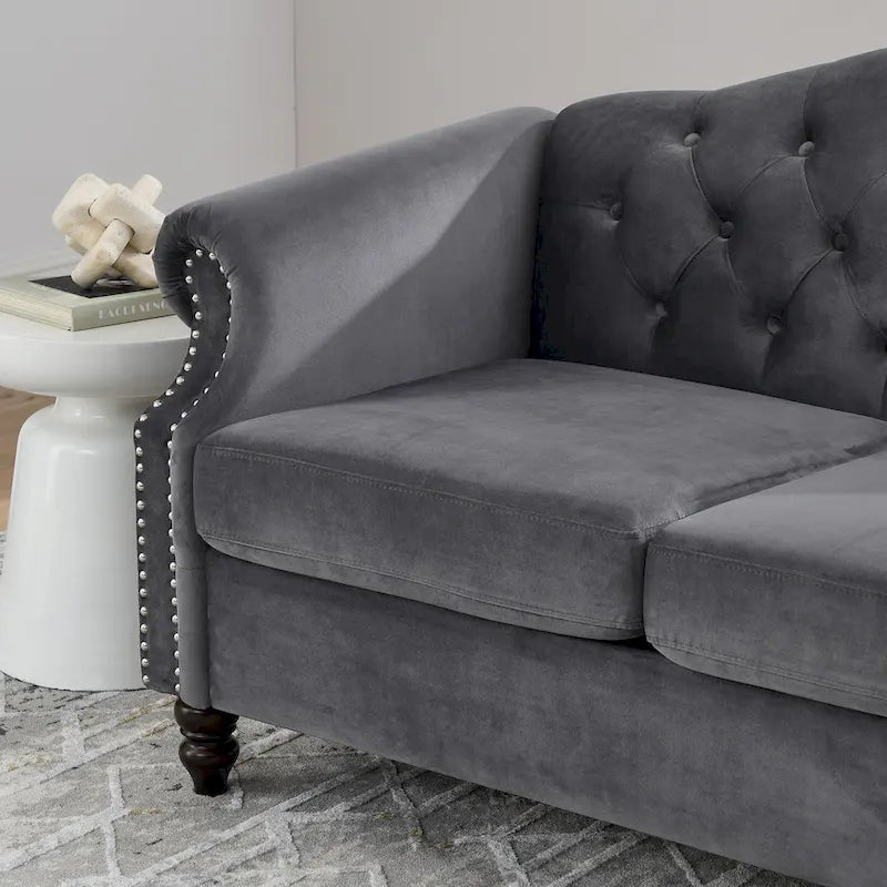 2-delige fluwelen Chesterfield-bankset voor 6 personen (twee 3-zitsbanken) met gecapitonneerde rugleuning en nagelkopafwerking