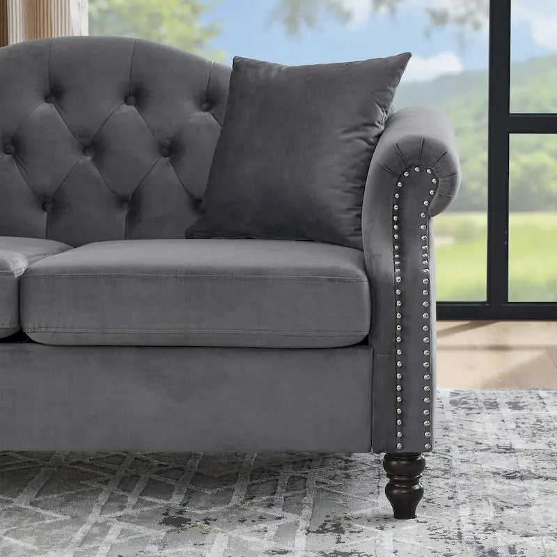 2-delige fluwelen Chesterfield-bankset voor 6 personen (twee 3-zitsbanken) met gecapitonneerde rugleuning en nagelkopafwerking
