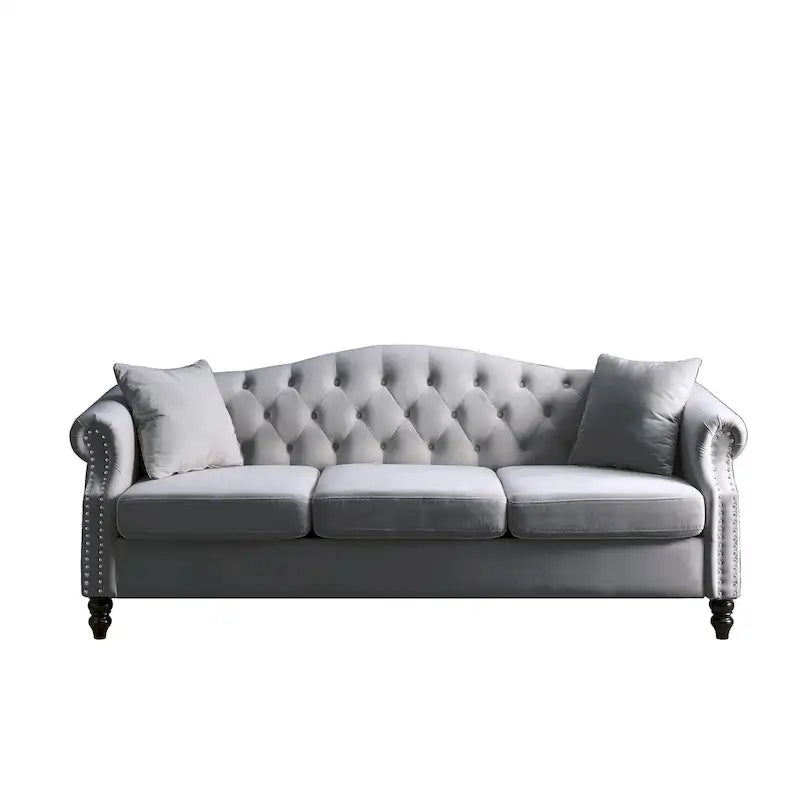 2-delige fluwelen Chesterfield-bankset voor 6 personen (twee 3-zitsbanken) met gecapitonneerde rugleuning en nagelkopafwerking