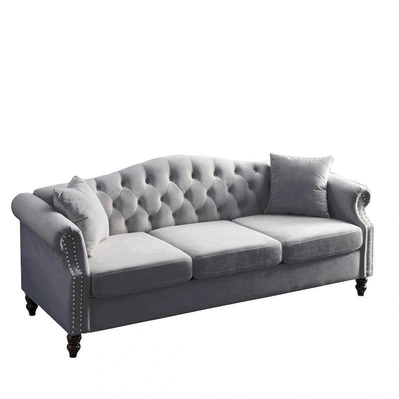 2-delige fluwelen Chesterfield-bankset voor 6 personen (twee 3-zitsbanken) met gecapitonneerde rugleuning en nagelkopafwerking