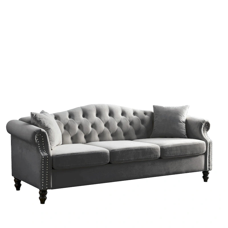 2-delige fluwelen Chesterfield-bankset voor 6 personen (twee 3-zitsbanken) met gecapitonneerde rugleuning en nagelkopafwerking