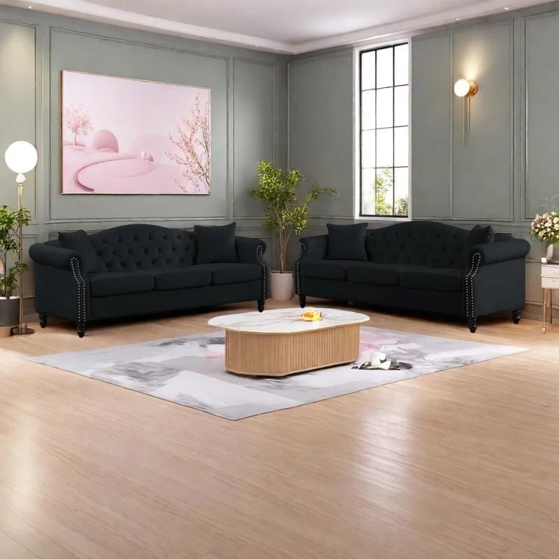 2-delige fluwelen Chesterfield-bankset voor 6 personen (twee 3-zitsbanken) met gecapitonneerde rugleuning en nagelkopafwerking