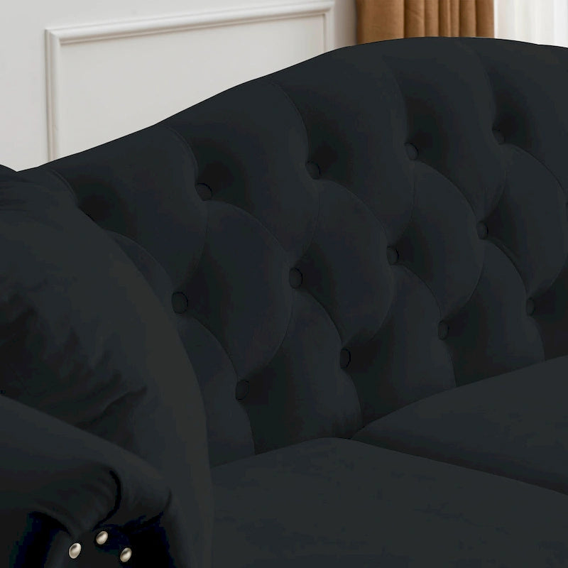 2-delige fluwelen Chesterfield-bankset voor 6 personen (twee 3-zitsbanken) met gecapitonneerde rugleuning en nagelkopafwerking