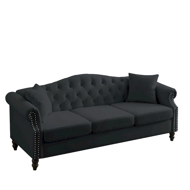 2-delige fluwelen Chesterfield-bankset voor 6 personen (twee 3-zitsbanken) met gecapitonneerde rugleuning en nagelkopafwerking