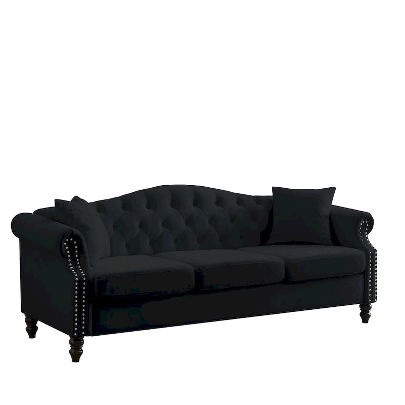 2-delige fluwelen Chesterfield-bankset voor 6 personen (twee 3-zitsbanken) met gecapitonneerde rugleuning en nagelkopafwerking