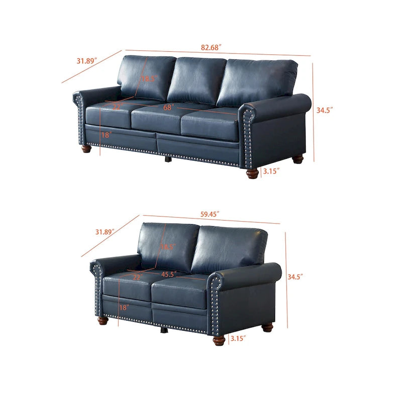 Ensemble de canapés 2 pièces en similicuir au style moderne mi-siècle avec rangement, 3+2 places