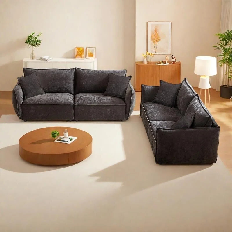 6-Sitzer-Modulsofaset aus Leinen mit 3+3-Sitzer-Kombination, Holzrahmen und 4 Kissen