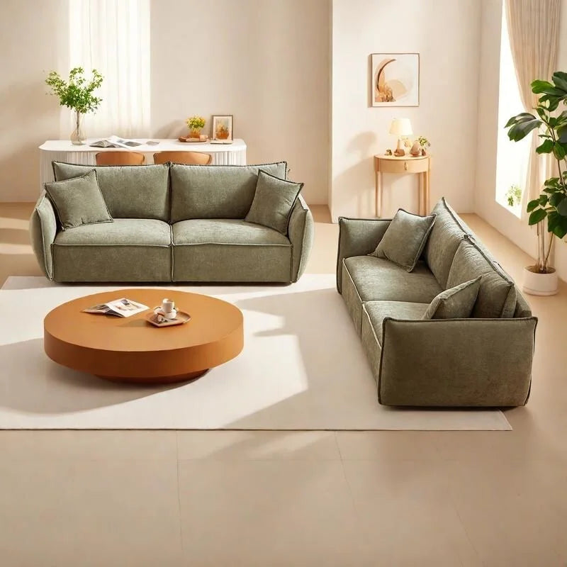6-Sitzer-Modulsofaset aus Leinen mit 3+3-Sitzer-Kombination, Holzrahmen und 4 Kissen