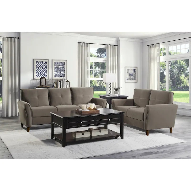 Brązowa welwetowa sofa dwuosobowa 1Pc z wygodnymi miękkimi oparciami, pikowanymi detalami i ramą z litego drewna, nowoczesne meble do salonu
