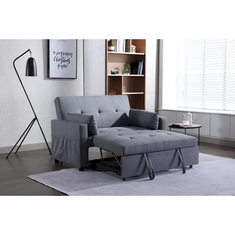Causeuse convertible 3 en 1 en tissu de lin gris clair avec poche latérale