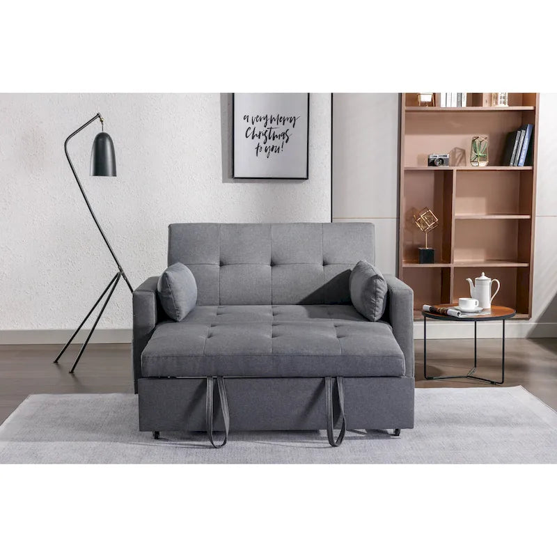 Causeuse convertible 3 en 1 en tissu de lin gris clair avec poche latérale