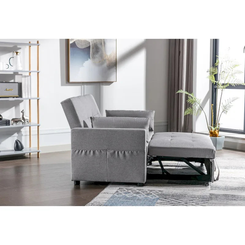 Causeuse convertible 3 en 1 en tissu de lin gris clair avec poche latérale