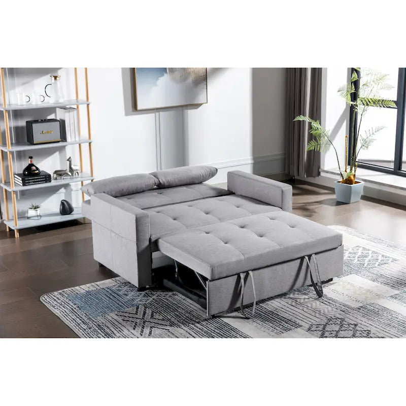 Causeuse convertible 3 en 1 en tissu de lin gris clair avec poche latérale