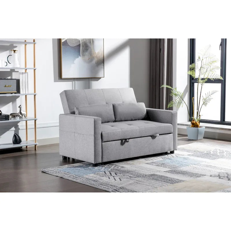 Causeuse convertible 3 en 1 en tissu de lin gris clair avec poche latérale