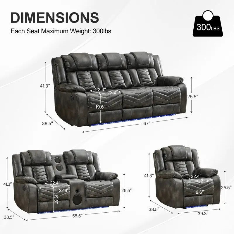 Ensemble de canapés inclinables électriques 6 places avec position zéro gravité, haut-parleur de basses, chargeur sans fil, ports USB/Type-C, éclairage LED et porte-gobelets, gris