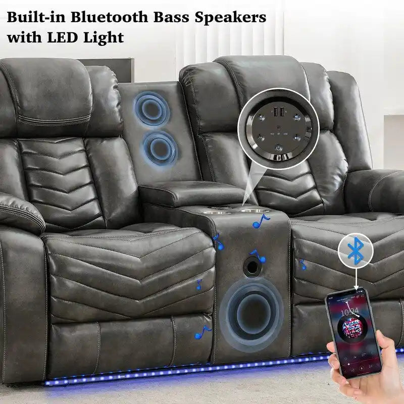Ensemble de canapés inclinables électriques 6 places avec position zéro gravité, haut-parleur de basses, chargeur sans fil, ports USB/Type-C, éclairage LED et porte-gobelets, gris