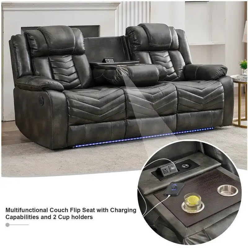 Ensemble de canapés inclinables électriques 6 places avec position zéro gravité, haut-parleur de basses, chargeur sans fil, ports USB/Type-C, éclairage LED et porte-gobelets, gris