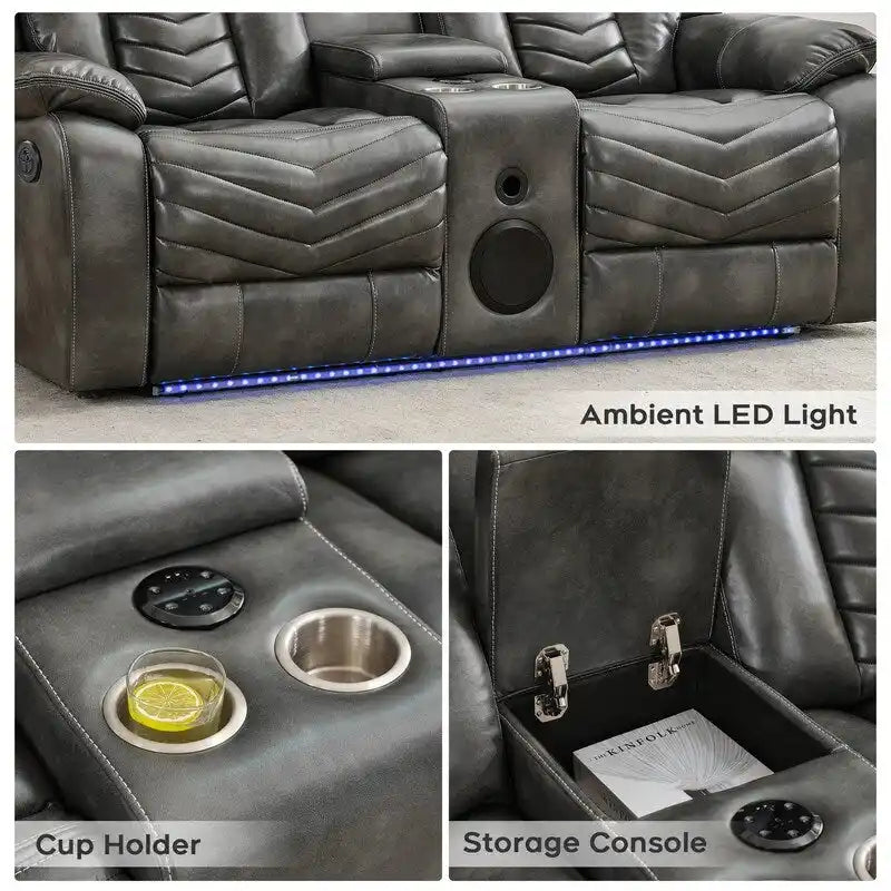 Ensemble de canapés inclinables électriques 6 places avec position zéro gravité, haut-parleur de basses, chargeur sans fil, ports USB/Type-C, éclairage LED et porte-gobelets, gris