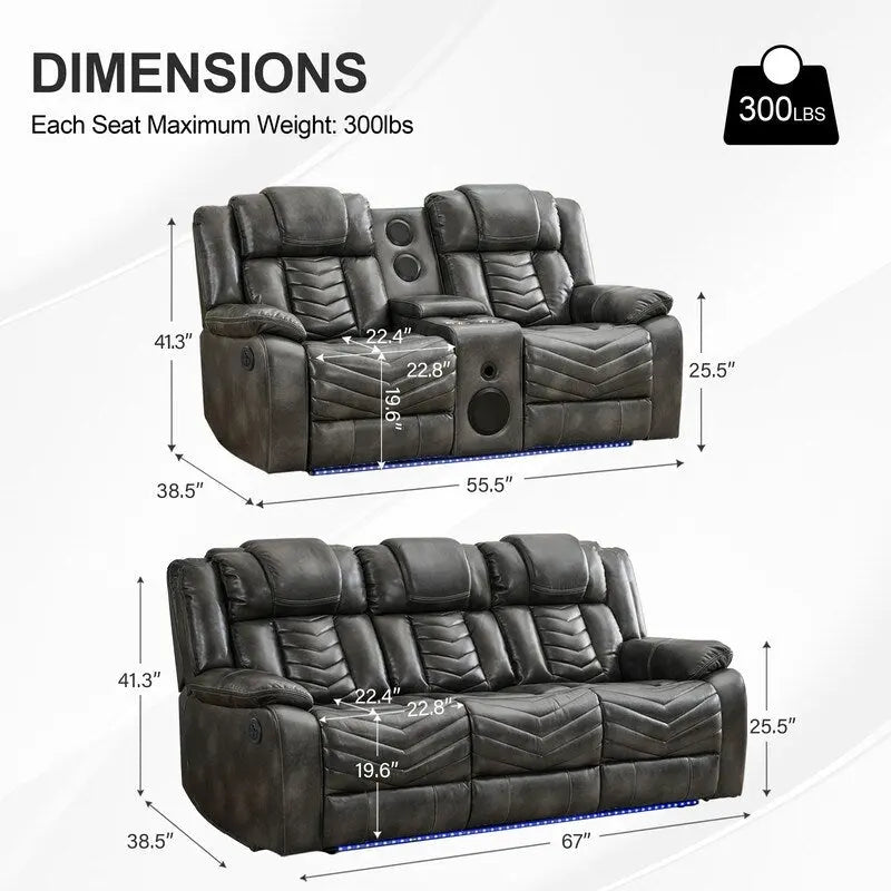 Ensemble de canapés inclinables électriques 6 places avec position zéro gravité, haut-parleur de basses, chargeur sans fil, ports USB/Type-C, éclairage LED et porte-gobelets, gris