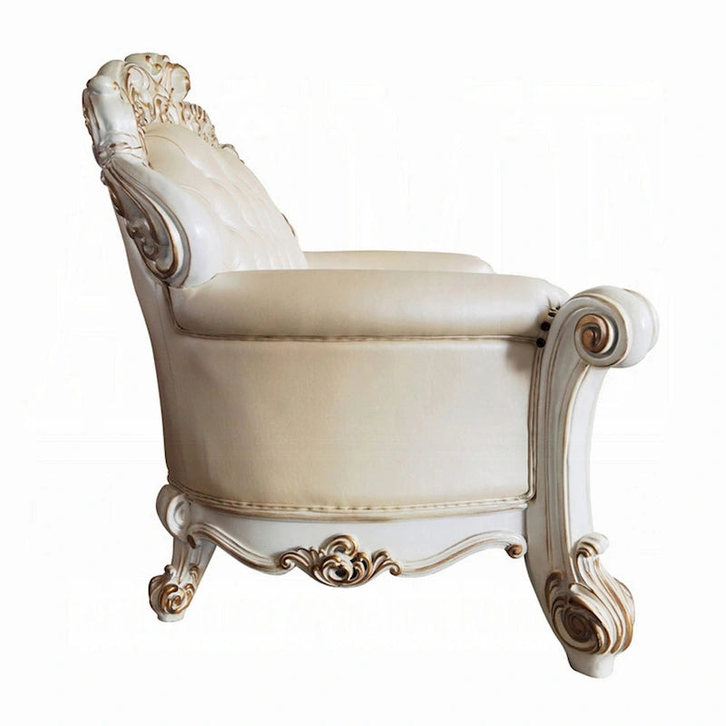 Divanetto Antoine, intagliato, similpelle color champagne, bianco perla, 70 Inch