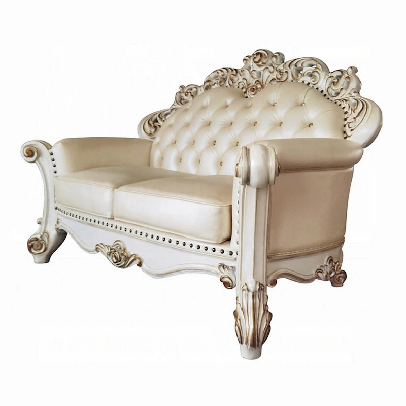 Divanetto Antoine, intagliato, similpelle color champagne, bianco perla, 70 Inch