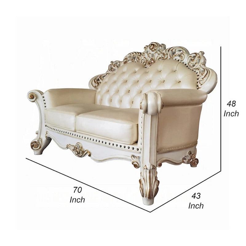 Divanetto Antoine, intagliato, similpelle color champagne, bianco perla, 70 Inch