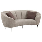 Zui Curved Loveseat, 84 Inch Beige, Round Design, 2 Accent Pillows