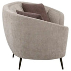 Zui Curved Loveseat, 84 Inch Beige, Round Design, 2 Accent Pillows