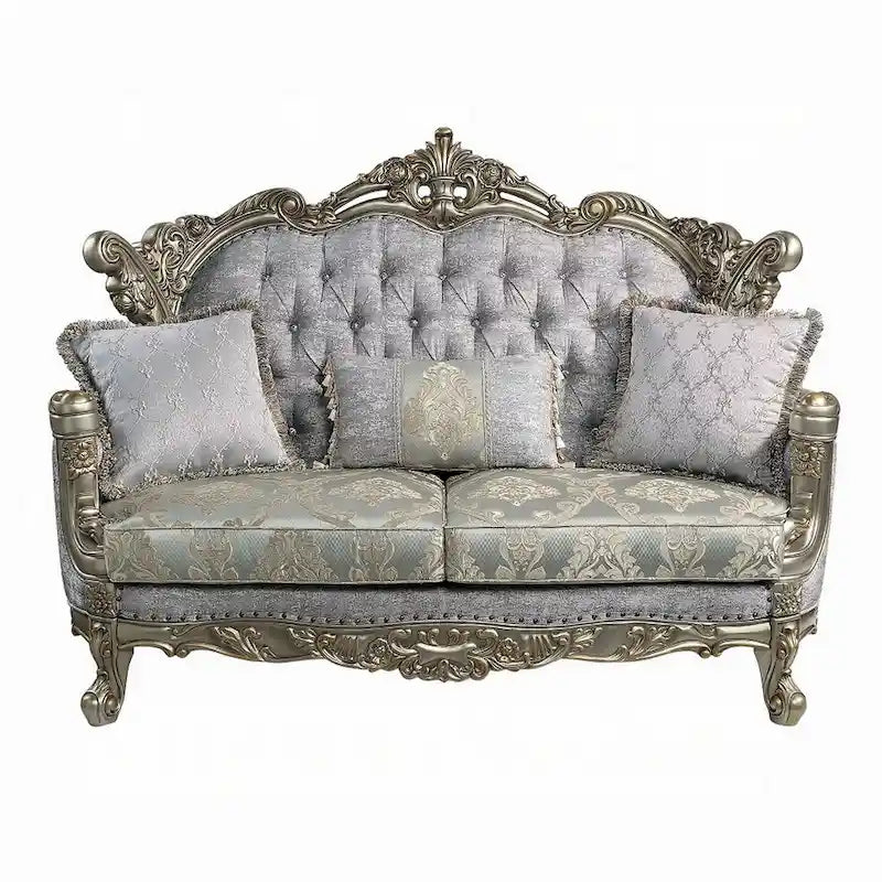 Divanetto Royale, 3 cuscini, tessuto grigio, legno color bronzo anticato, 73 Inch