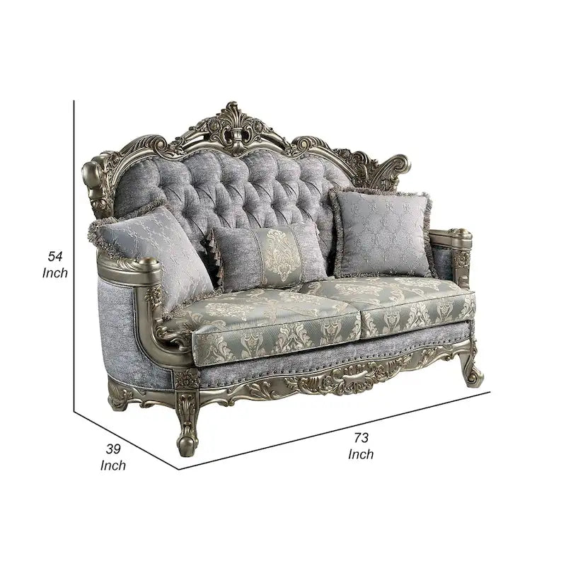 Divanetto Royale, 3 cuscini, tessuto grigio, legno color bronzo anticato, 73 Inch
