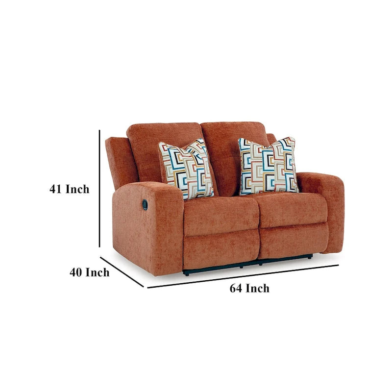 Genna manueller Relax-Loveseat, orangefarbenes Polyester, 2 Kissen, 64 Zoll