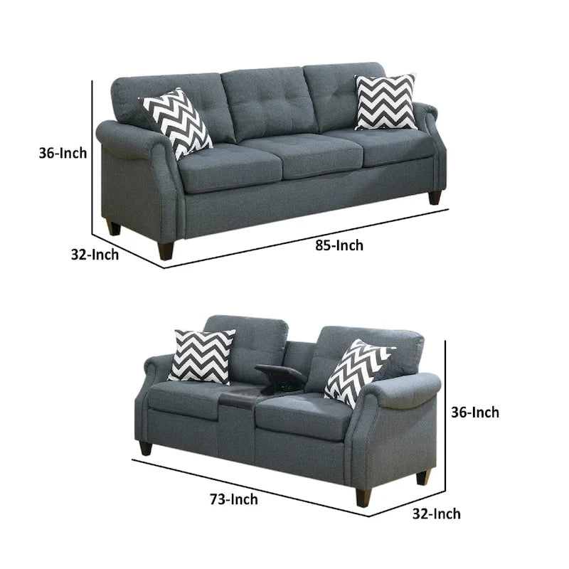 Juego de sofá moderno de 2 piezas, loveseat y almohadas, consola USB, portavasos, gris