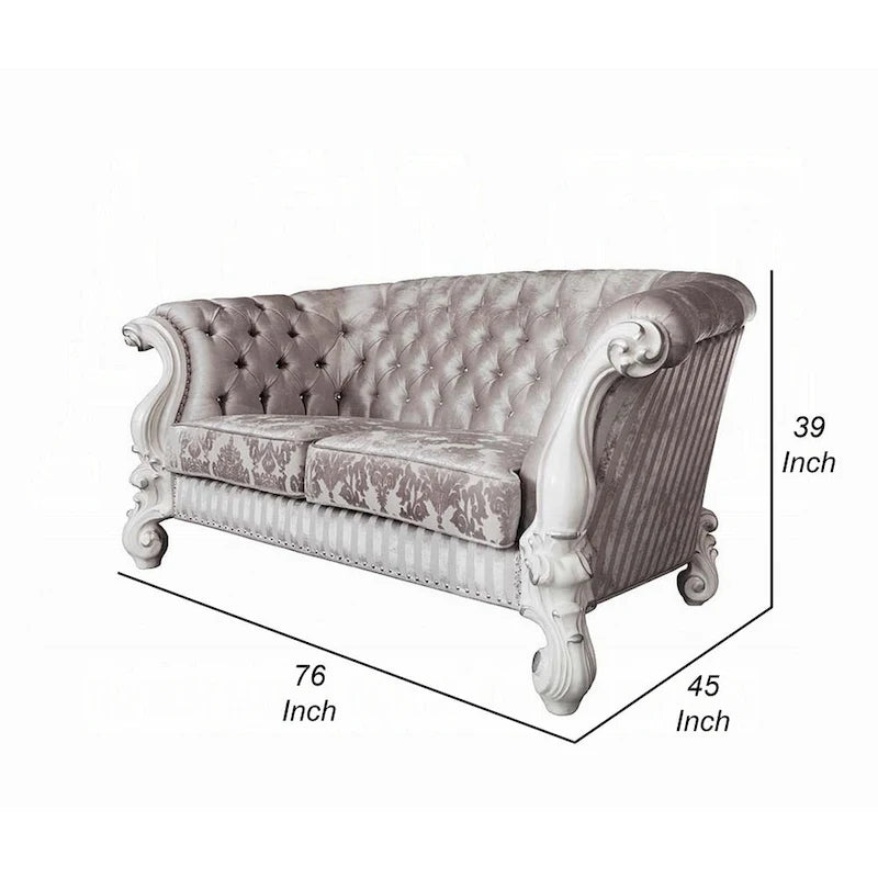 Kai loveseat, 5 kussens, getufte ivoorkleurige stof, gebogen details, wit, 76 Inch