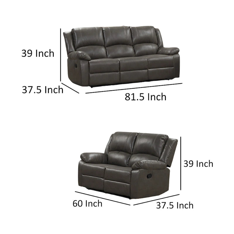 Lizzy Sofa- und Loveseat-Garnitur, manuelle Relaxfunktion, Massivholz, graues Leder