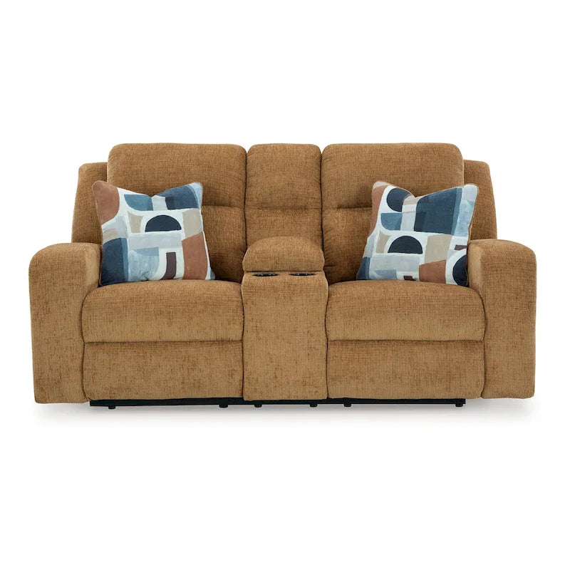 Damon-loveseat met dubbele ligfunctie, camelbruine polyesterbekleding, 2 kussens