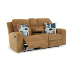 Damon-loveseat met dubbele ligfunctie, camelbruine polyesterbekleding, 2 kussens