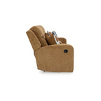 Damon-loveseat met dubbele ligfunctie, camelbruine polyesterbekleding, 2 kussens