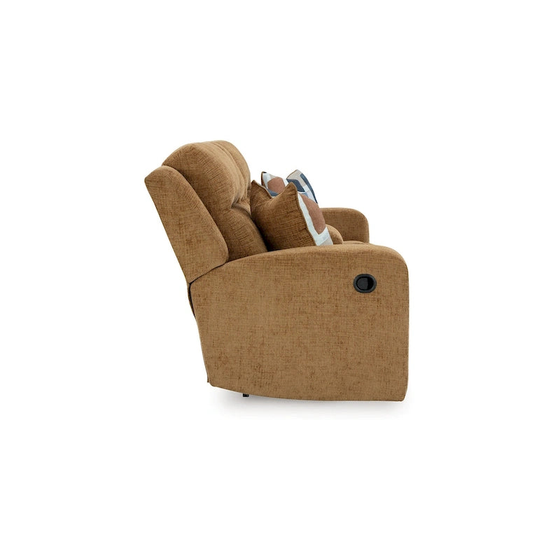 Damon-loveseat met dubbele ligfunctie, camelbruine polyesterbekleding, 2 kussens