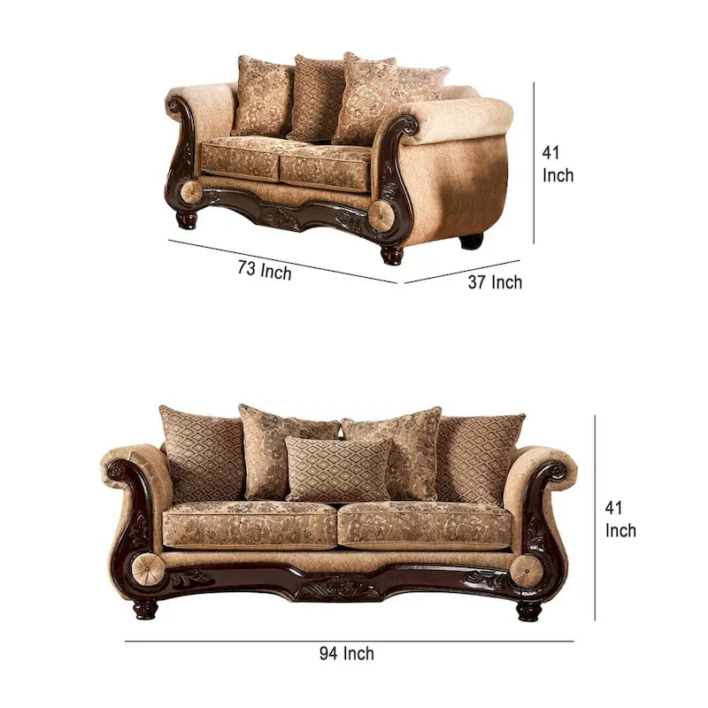 Conjunto de sofá y sofá de dos plazas Nican de 2 piezas, cuero sintético dorado tostado, 8 cojines decorativos