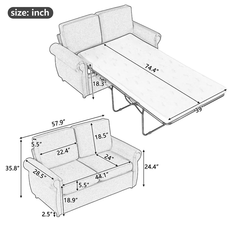 Roomfitters 57.9 uitschuifbare slaapbank-loveseat met matras van traagschuim in tweepersoonsformaat en twee USB-oplaadpoorten