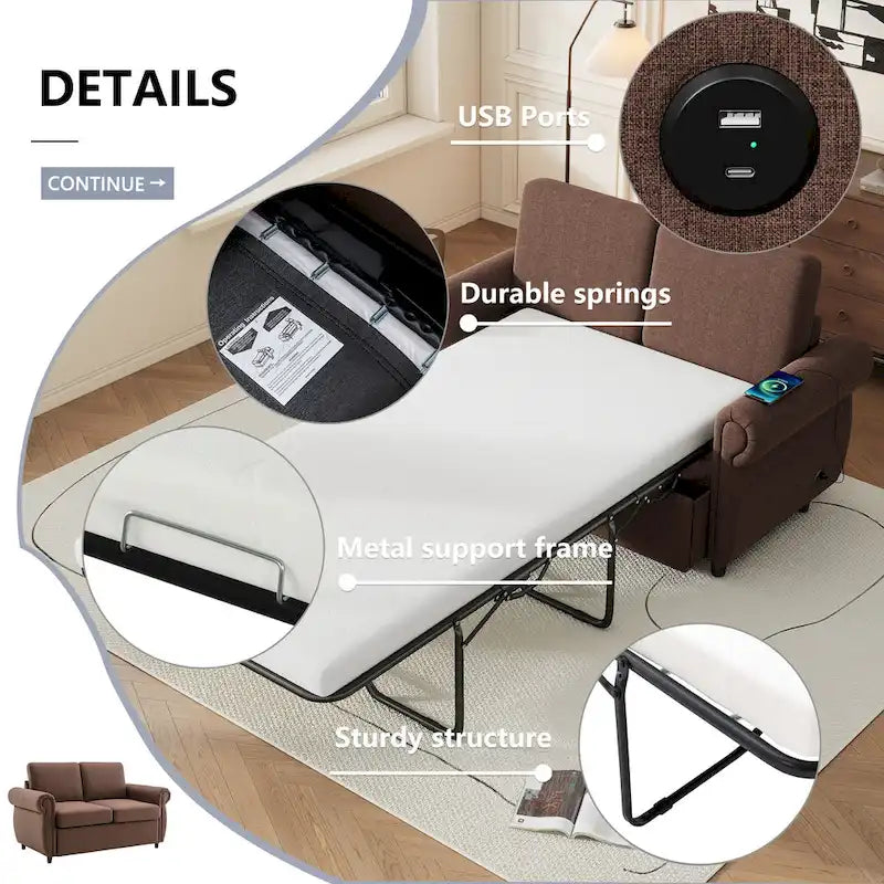 Roomfitters 57.9 uitschuifbare slaapbank-loveseat met matras van traagschuim in tweepersoonsformaat en twee USB-oplaadpoorten