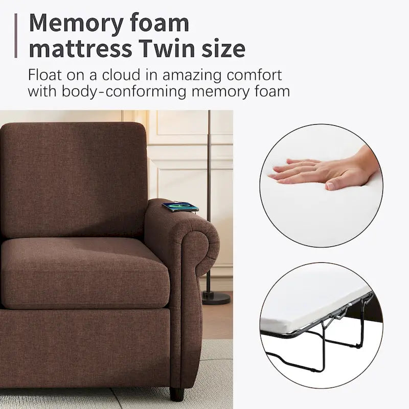 Roomfitters 57.9 uitschuifbare slaapbank-loveseat met matras van traagschuim in tweepersoonsformaat en twee USB-oplaadpoorten