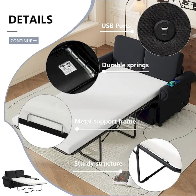 Roomfitters 57.9 uitschuifbare slaapbank-loveseat met matras van traagschuim in tweepersoonsformaat en twee USB-oplaadpoorten