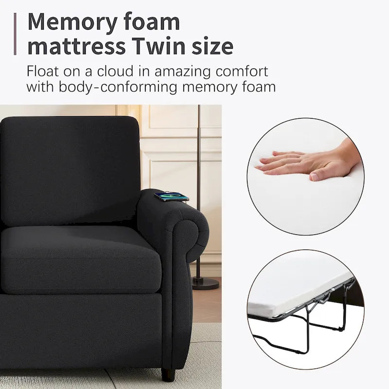 Roomfitters 57.9 uitschuifbare slaapbank-loveseat met matras van traagschuim in tweepersoonsformaat en twee USB-oplaadpoorten