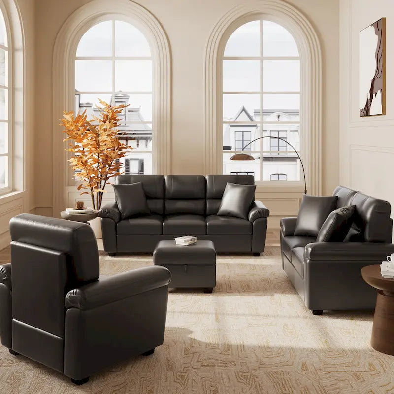 Ensemble de salon rembourré 4 pièces : fauteuil, causeuse et canapé en similicuir avec pouf