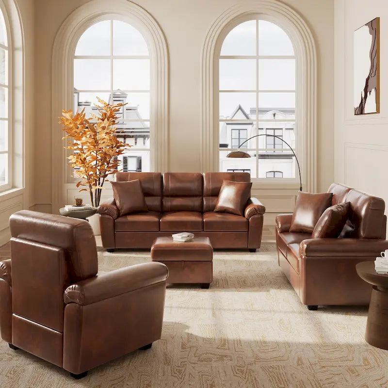 Ensemble de salon rembourré 4 pièces : fauteuil, causeuse et canapé en similicuir avec pouf