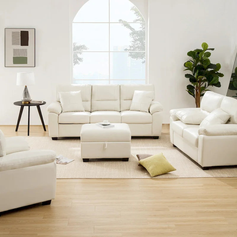Ensemble de salon rembourré 4 pièces : fauteuil, causeuse et canapé en similicuir avec pouf