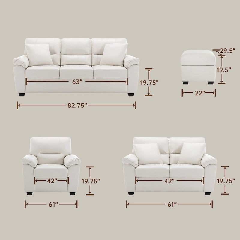 Ensemble de salon rembourré 4 pièces : fauteuil, causeuse et canapé en similicuir avec pouf