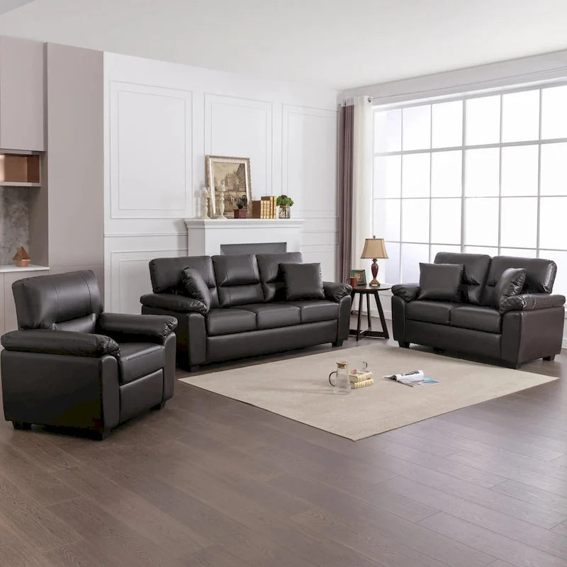 Ensemble de salon rembourré 4 pièces : fauteuil, causeuse et canapé en similicuir avec pouf