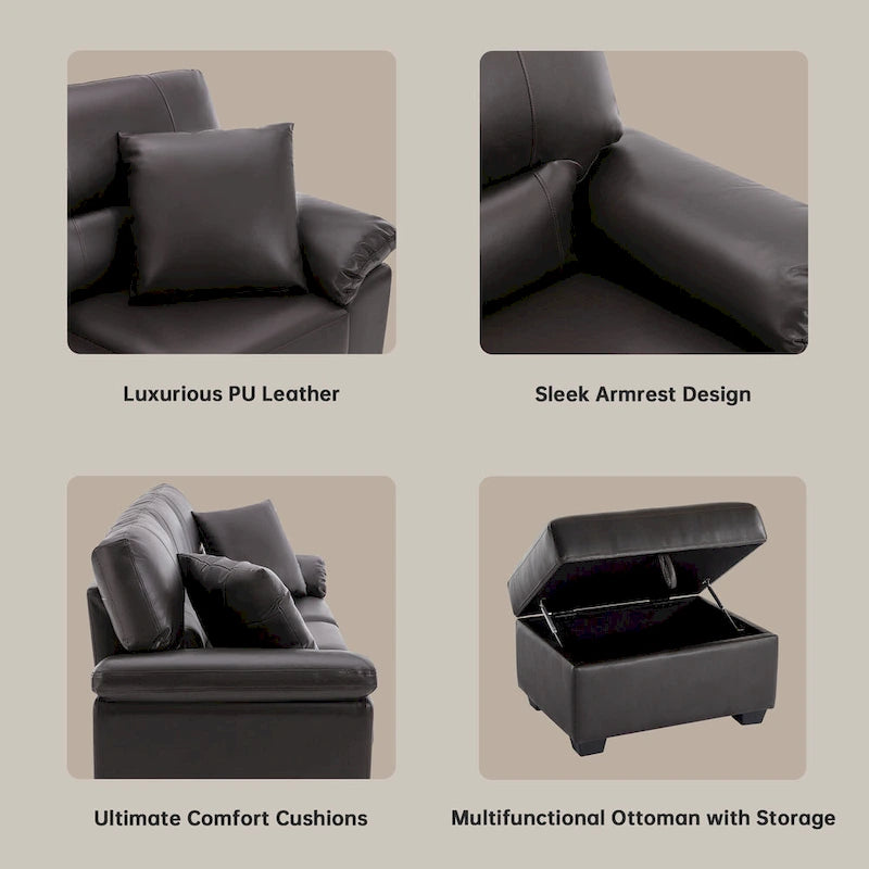 Ensemble de salon rembourré 4 pièces : fauteuil, causeuse et canapé en similicuir avec pouf